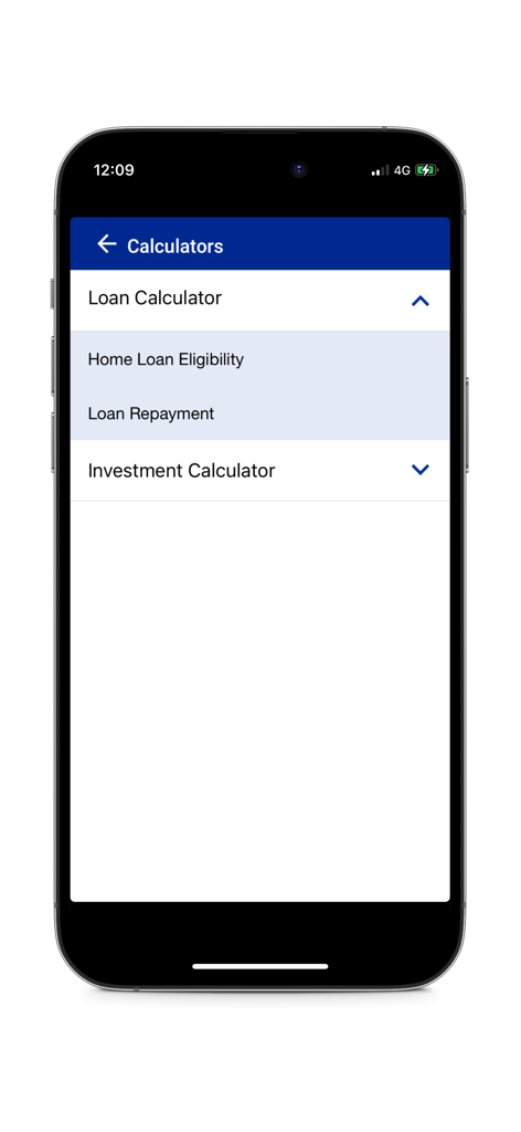 Un écran de l'application MHC Mobile affichant différentes options de calcul de prêt et d'investissement comme l'éligibilité au prêt immobilier et le remboursement
