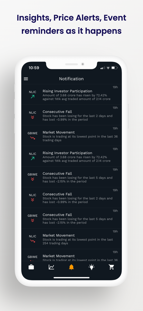 npstocks, Your NEPSE Assistant - A notification screen showing real-time stock alerts and market insights for NEPSE stocks on the npstocks app