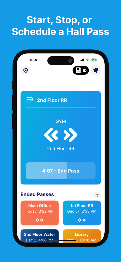 SmartPass Mobile - Interface of the SmartPass Mobile app showing an active digital hall pass for a student and a history of recently ended passes
