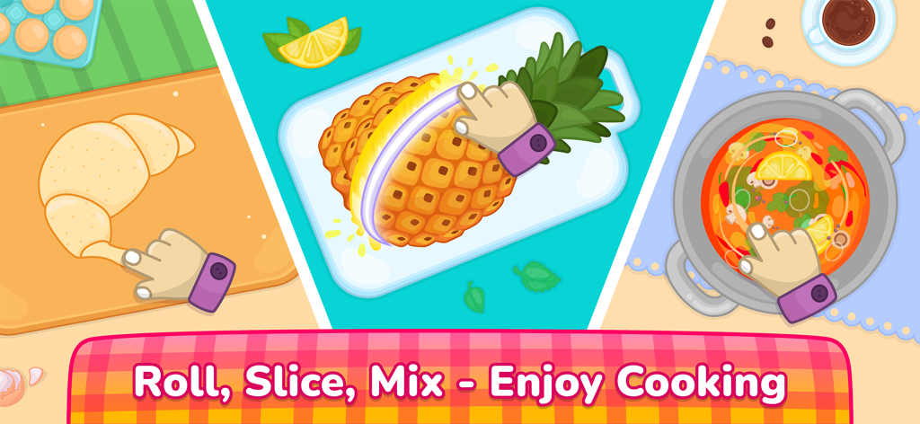 Kids Cooking: Toddler Games - Gioco di cucina interattivo per bambini che mostra stendere l'impasto, tagliare la frutta e mescolare la zuppa
