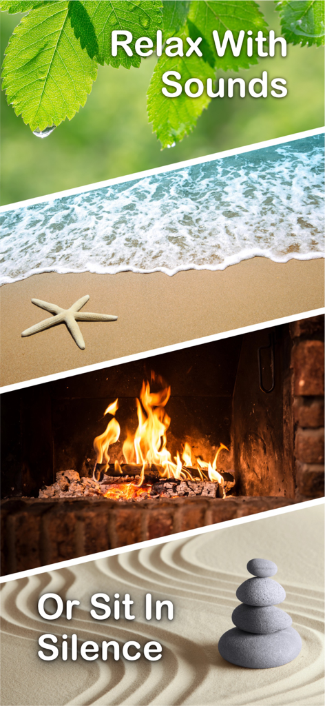 Meditation Timer - Zenitizer - Un collage que muestra paisajes sonoros de la naturaleza como lluvia, olas del mar y una chimenea junto a una opción de meditación silenciosa con piedras zen.