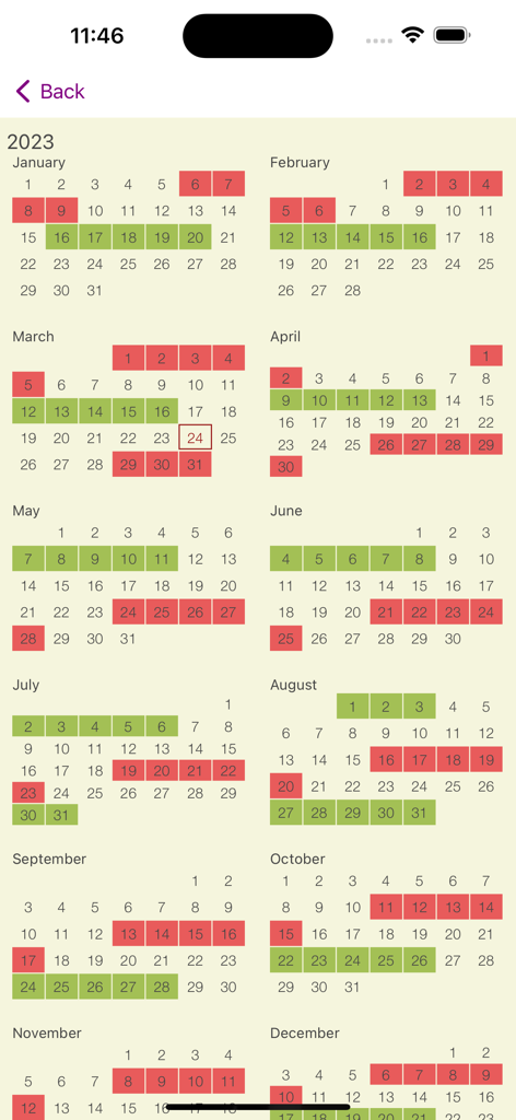 My Period Calendar - Visualização do calendário anual mostrando os ciclos menstruais e períodos férteis em vermelho e verde