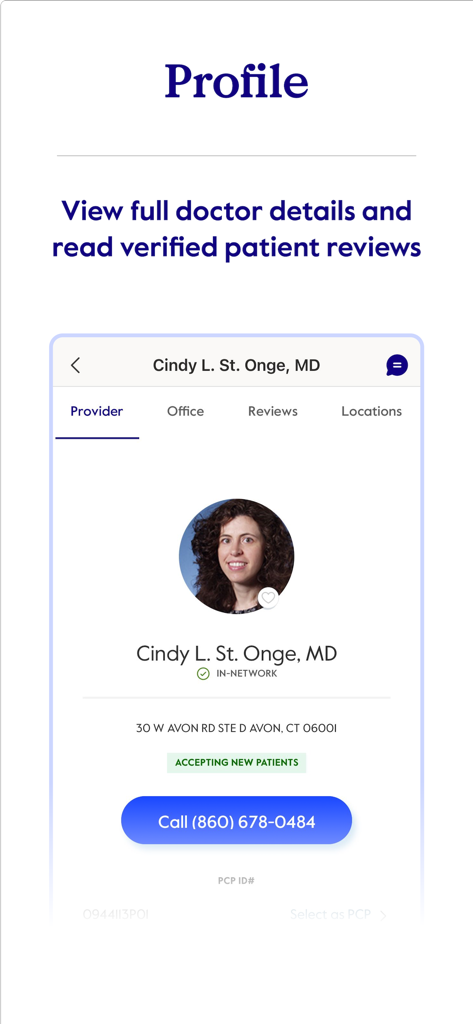 Screenshot of the myCigna app showing a doctors profile with contact info and ratings