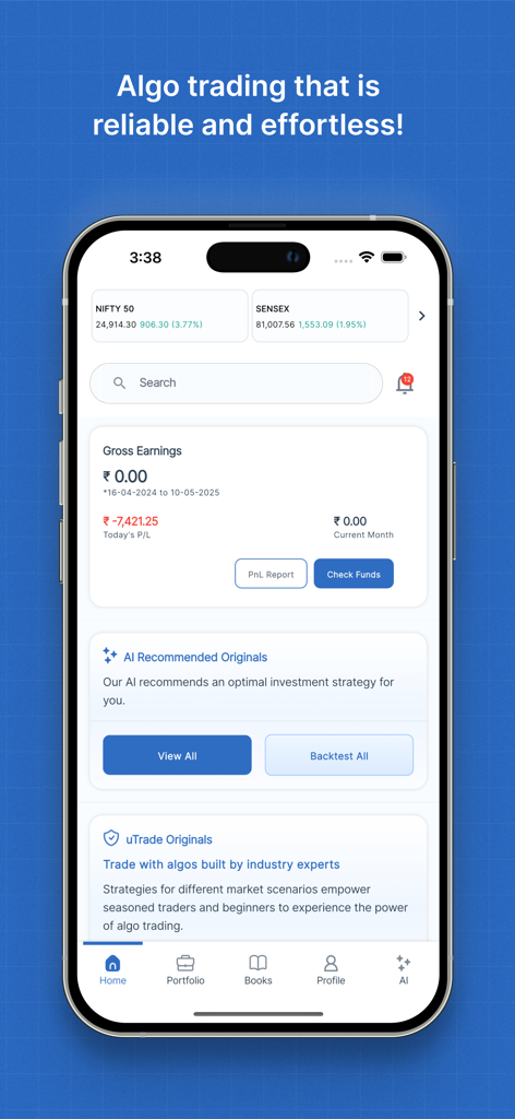 uTrade Algos - Painel do aplicativo móvel uTrade Algos exibindo índices de mercado e recomendações de negociação por IA