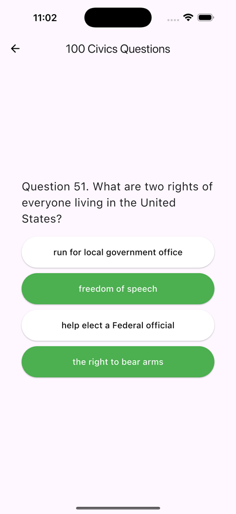 U.S. Citizenship Test Audio - A mobile screen showing a US citizenship civics test question about rights of people living in the United States with correct answers highlighted