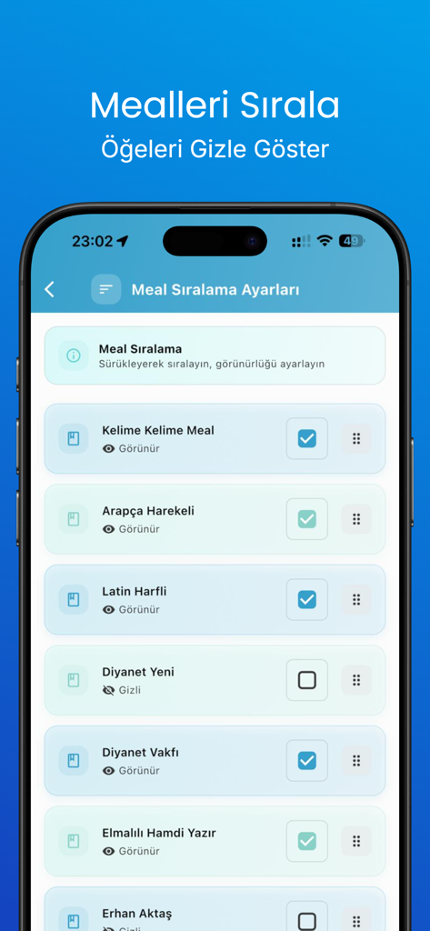 Kuran Analiz 2026 - Tela de configurações no aplicativo Análise do Alcorão 2026 para ordenar e ocultar diferentes traduções do Alcorão