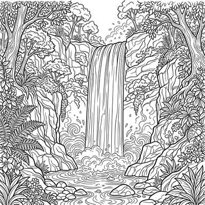 Dive into the serenity of nature with this intricate plunge waterfall coloring page. Experience the thrill of coloring a powerful cascade amidst lush, vibrant foliage and rugged rocks.