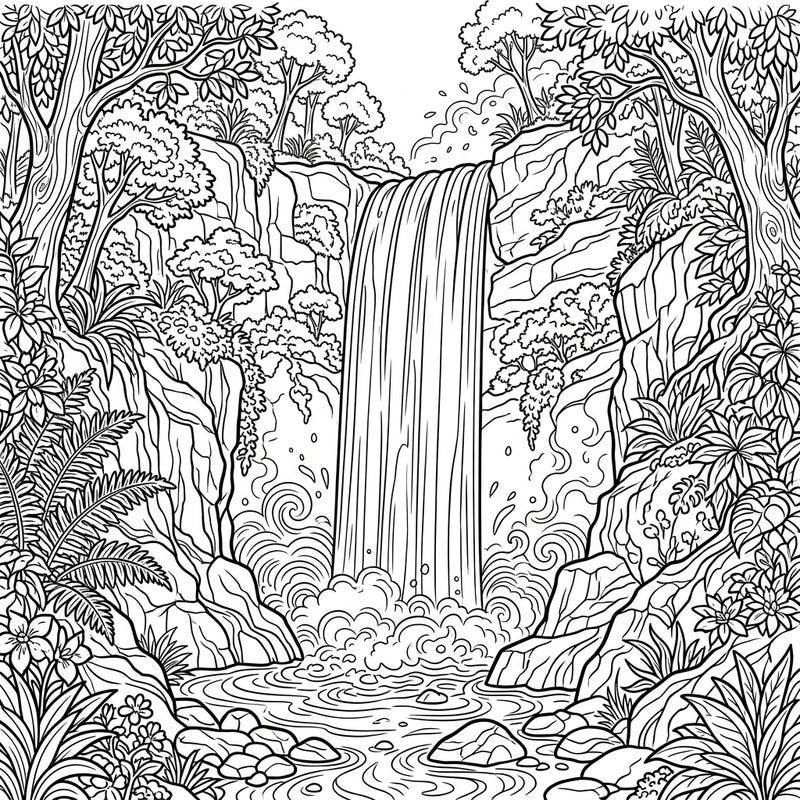 Dive into the serenity of nature with this intricate plunge waterfall coloring page. Experience the thrill of coloring a powerful cascade amidst lush, vibrant foliage and rugged rocks.