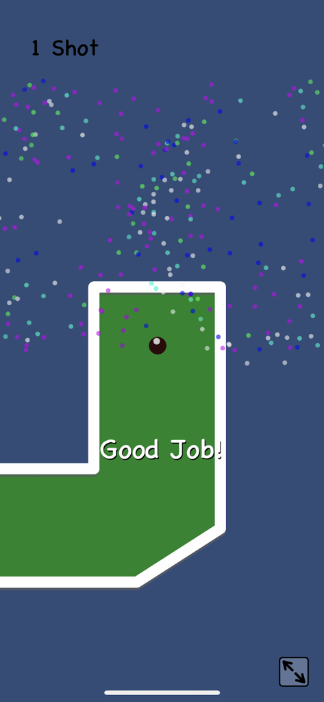 Relax Mini Golf - Uma captura de tela do jogo Relax Mini Golf mostrando uma bola em um buraco com uma mensagem de Bom Trabalho e partículas coloridas