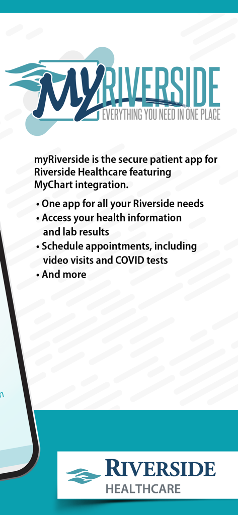 Introductory screen of the myRiverside MyChart app highlighting features like lab results access and appointment scheduling