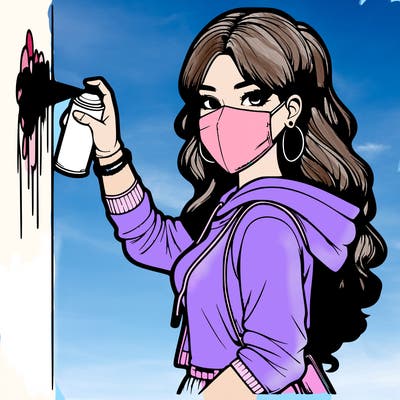 realistic girl with mask spray painting a wall