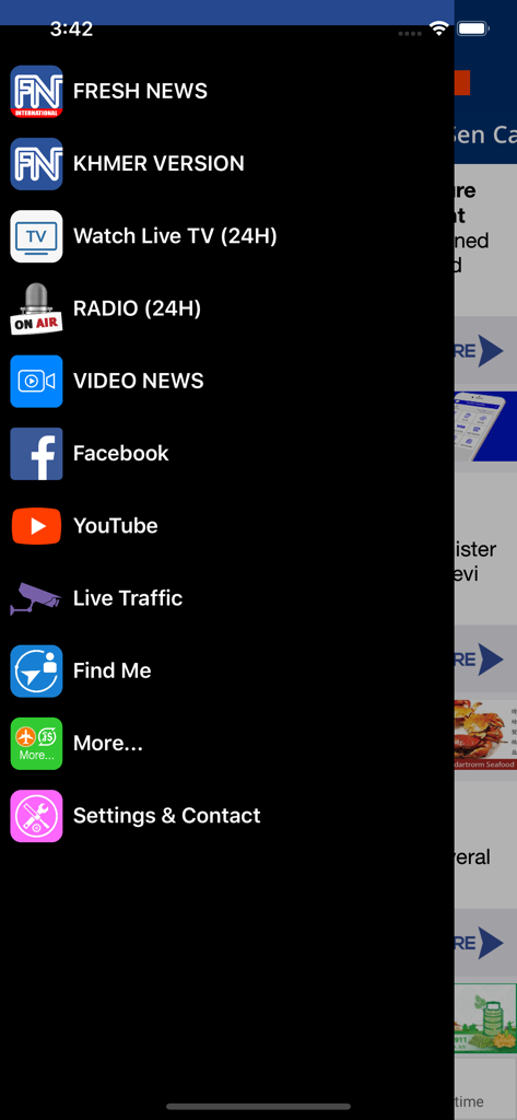Navigation menu for Fresh News International app listing features like Live TV, Radio, and Video News.