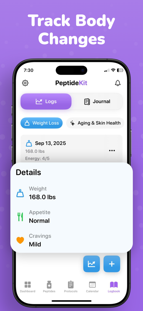 App screenshot showing weight loss and health tracking metrics in PeptideKit