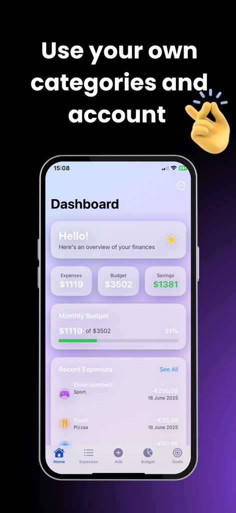 Budget & expenses : Spendo - Painel do aplicativo Spendo mostrando uma visão geral limpa do orçamento de despesas e poupança