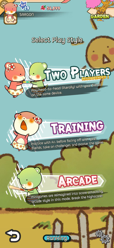 Duel Otters - Duel Otters main menu screen showing options for Two Players Training and Arcade modes with cute otter characters