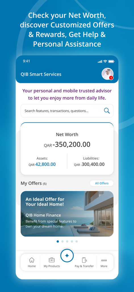 QIB MOBILE - QIB Mobile app dashboard showing net worth tracking and personalized banking offers
