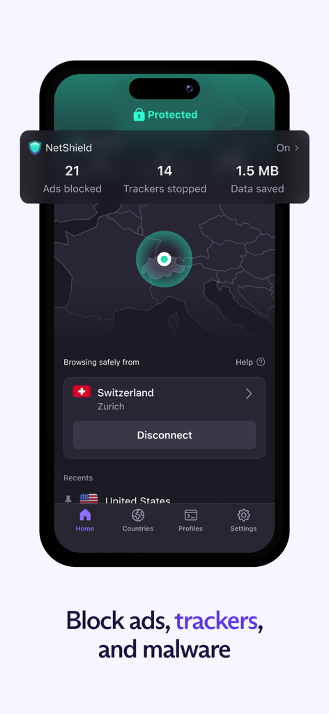 Proton VPN NetShield interface showing blocked ads, trackers, and saved data.