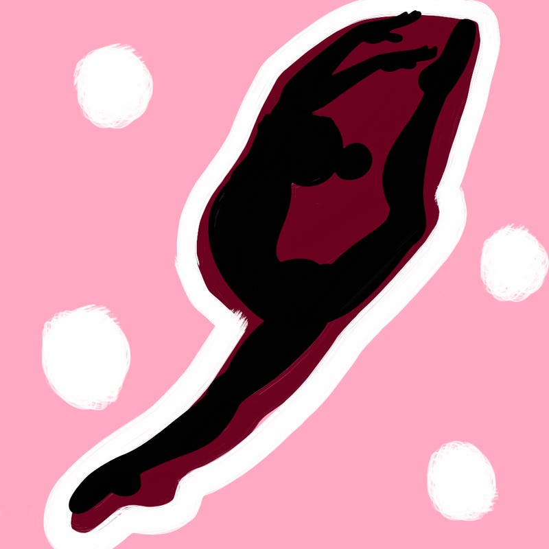 gymnast doing a leap in a leotard with a bent back leg