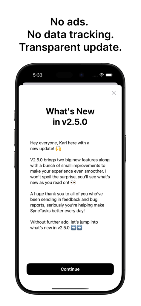 SyncTasks - SyncTasks app screenshot showing the version 2.5.0 release notes and privacy policy details