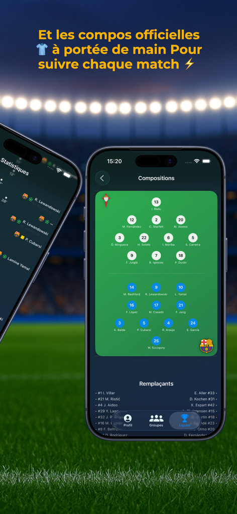 Mobile App-Oberfläche, die offizielle Fußballspielaufstellungen und Spielerpositionen auf einem Feld zeigt.