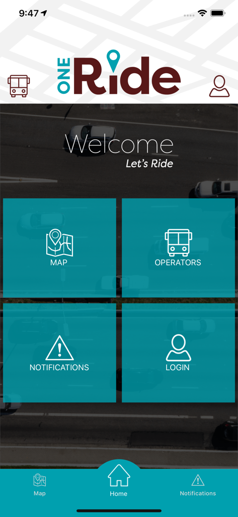 One Ride Now - Home screen of the One Ride Now app featuring menu options for map, operators, notifications, and login