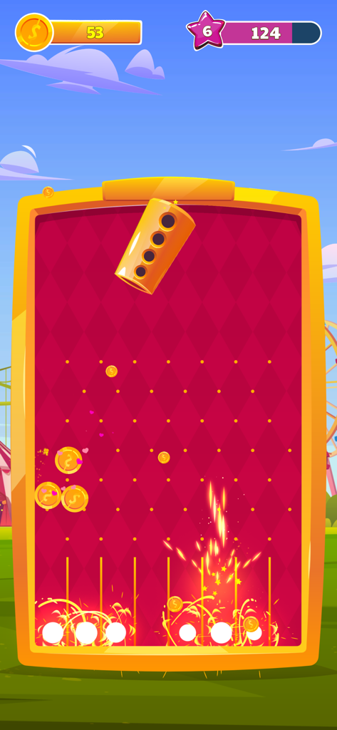 Coin Blast - Coin Blast gameplay showing coins falling down a pegboard into slots.