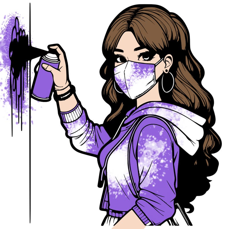 realistic girl with mask spray painting a wall