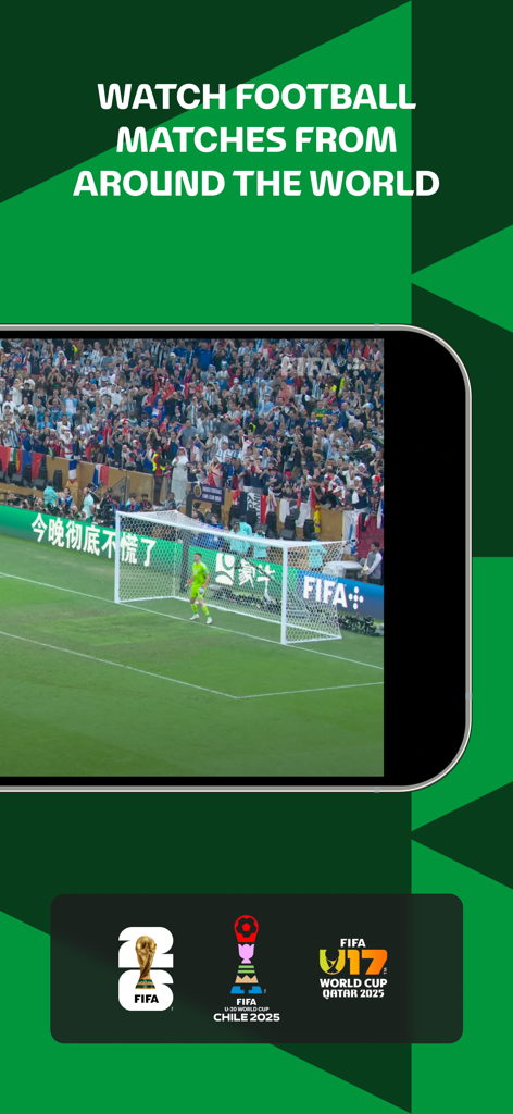 Smartphone screen displaying a live football match in the FIFA plus app with upcoming tournament logos