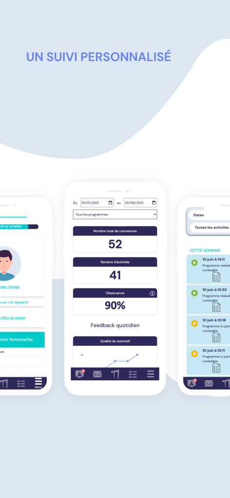 Interface de l'application mobile Axomove pour le suivi personnalisé de la santé et des exercices