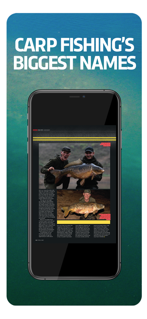 Total Carp - Total Carp app displaying a digital magazine article featuring famous anglers with large carp
