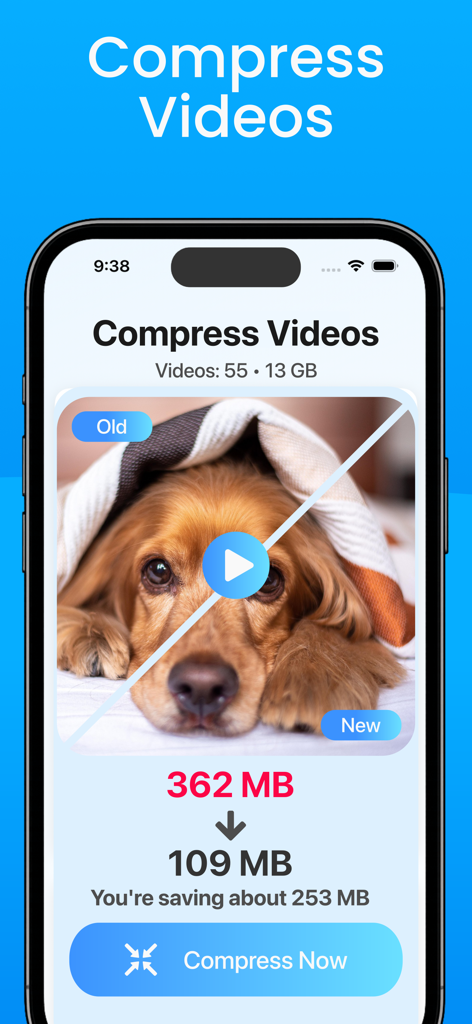 Cleanup Pro - Free Up Storage - Cleanup Pro app interface showing video compression feature saving storage space on a smartphone.
