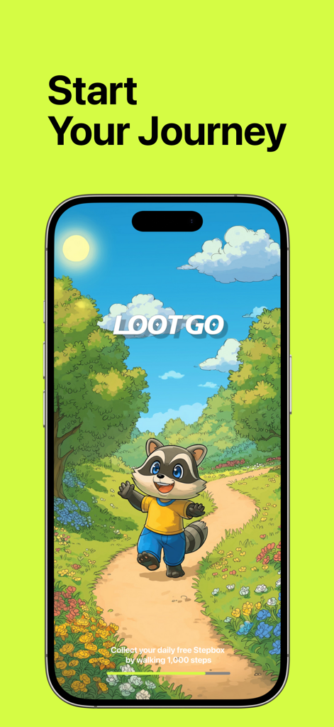 LootGO - Pantalla de inicio de la aplicación LootGO con un amigable personaje mapache caminando por un sendero forestal bajo el titular Comienza tu viaje.
