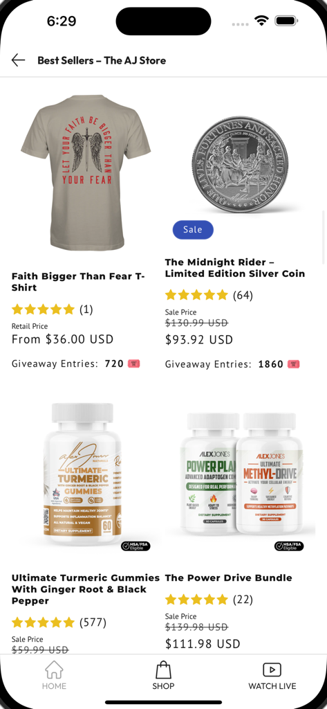 AJN LIVE - The best sellers section of the AJN LIVE app featuring patriotic apparel and health supplements.
