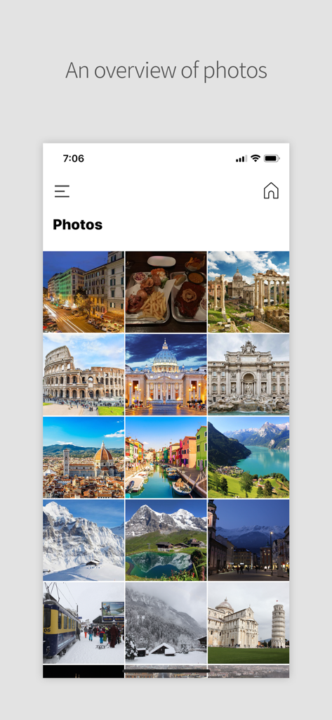 DAILY TRIP - Trip History - Daily Tripアプリのギャラリー内にある旅行写真のミニマリストグリッド表示。