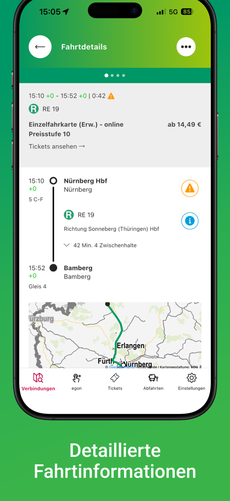 VGN Fahrplan & Tickets - Mobile screen showing VGN transit app journey details from Nuremberg to Bamberg with map and train schedule