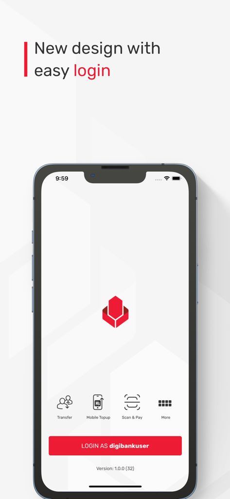 Yoma Bank Next mobile app login screen showing a modern design and quick access to transfer and mobile topup features