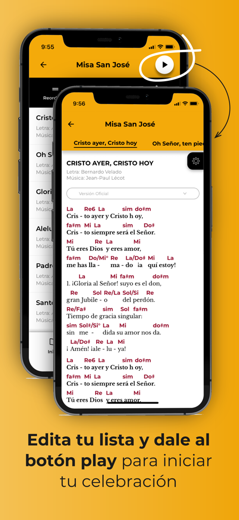 Canto Católico - Mobile app showing religious song lyrics and guitar chords for Catholic liturgy