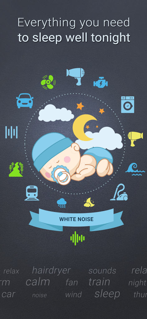 White Noise: Sleep Sounds - Une illustration d'un bébé endormi entouré d'icônes représentant différents sons de sommeil comme un ventilateur, un sèche-cheveux et un aspirateur.