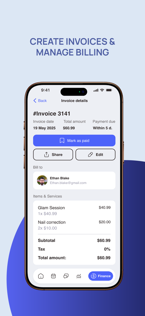 Halper - Halper app interface showing a professional invoice with service details for a glam session and nail correction