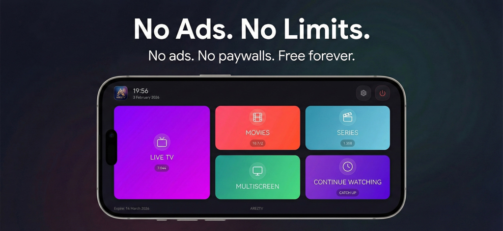 AREZTV IPTV Media Player main menu on a smartphone featuring Live TV Movies Series and Multiscreen options with a no ads and no paywalls message