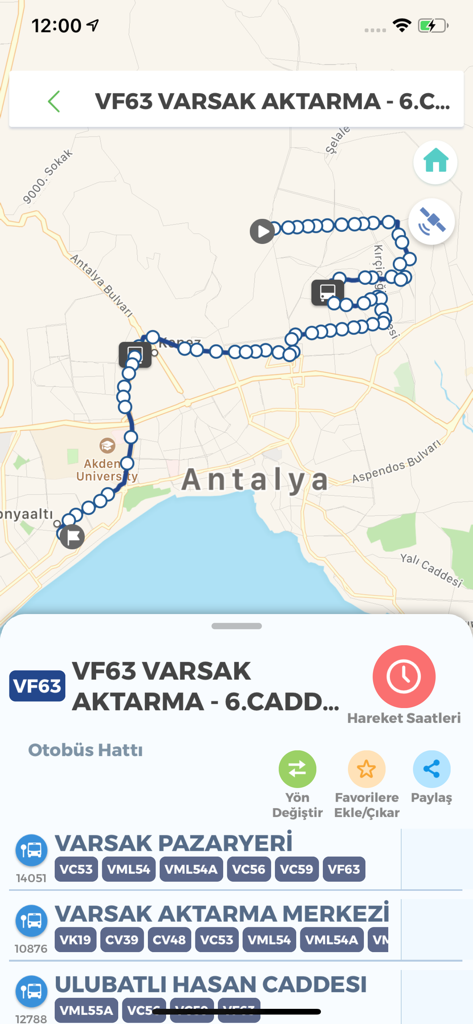AntalyaKart app interface displaying a bus route and stops on a city map