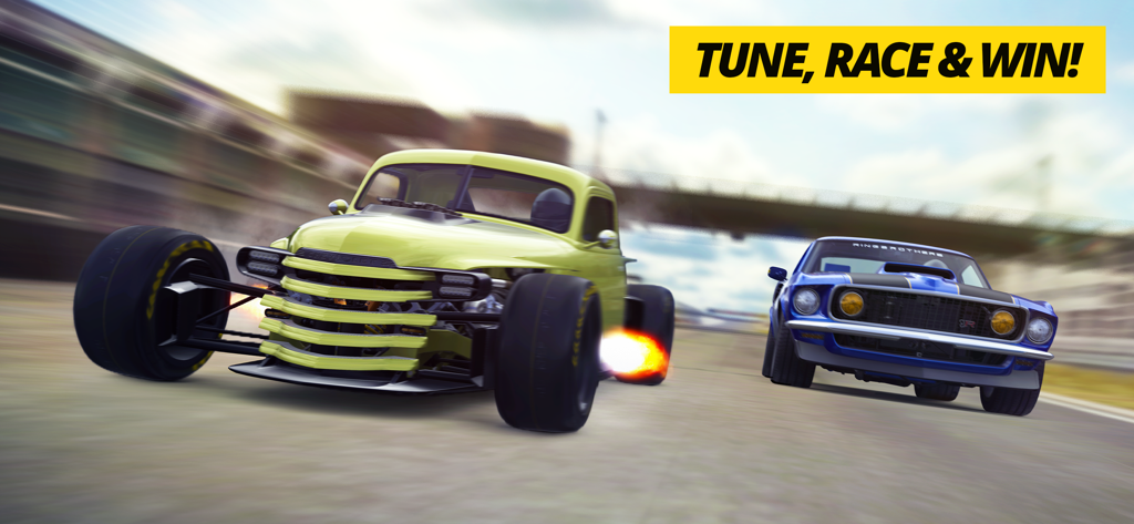 A lime green custom truck and a blue muscle car drag racing side by side with the text Tune Race and Win