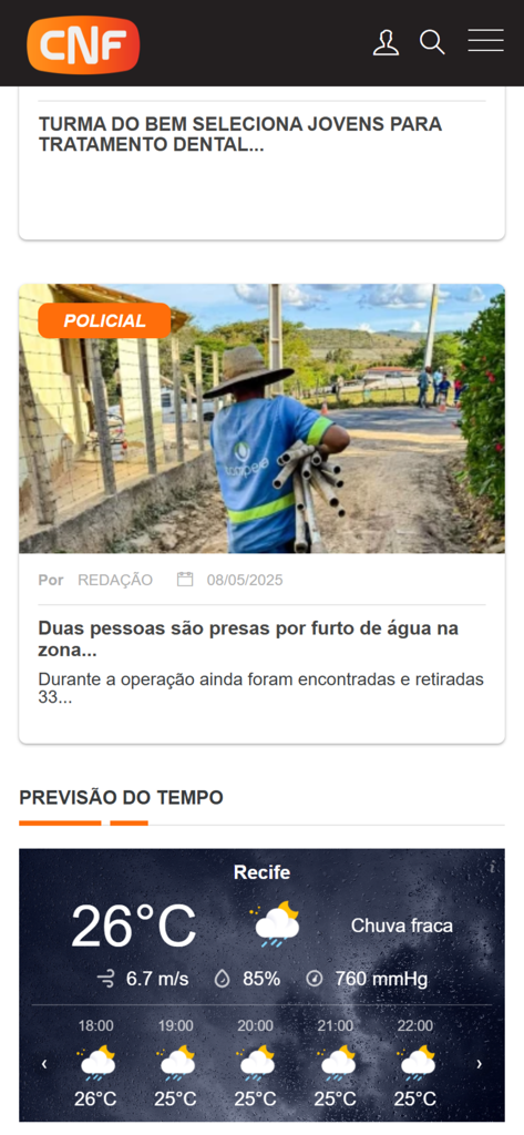 CNF - Interface do aplicativo CNF mostrando notícias locais e previsão do tempo para Recife.