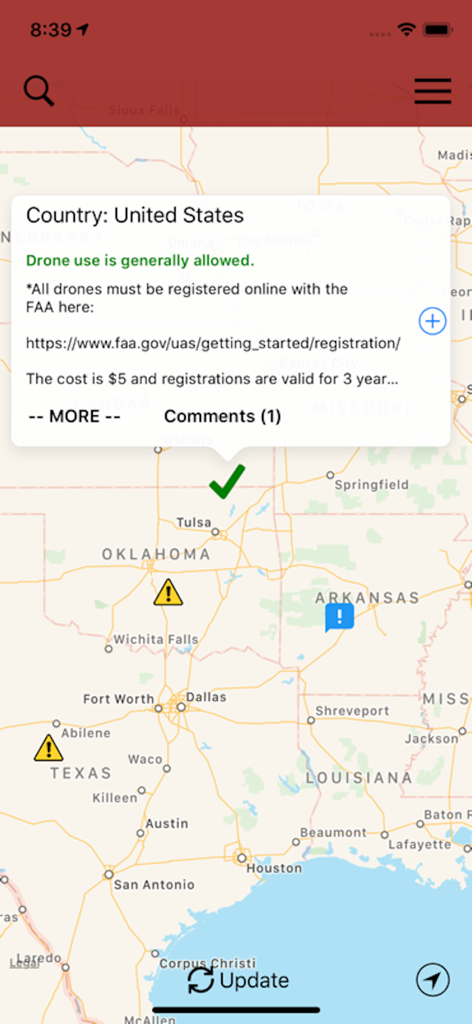 DroneMate - DroneMate app map interface displaying drone regulations and FAA requirements for the United States