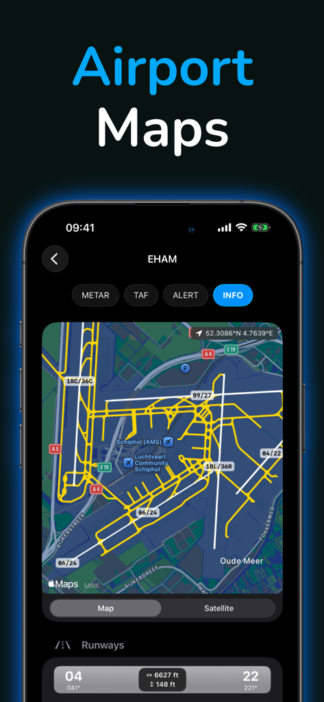 Mapa interactivo detallado del aeropuerto para pilotos que muestra pistas y trazados de calles de rodaje