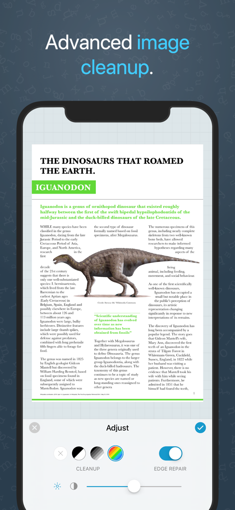 Prizmo › Edu/Biz (Volume Ed.) - Prizmo app screenshot showing image adjustment tools like cleanup and edge repair on a scanned document