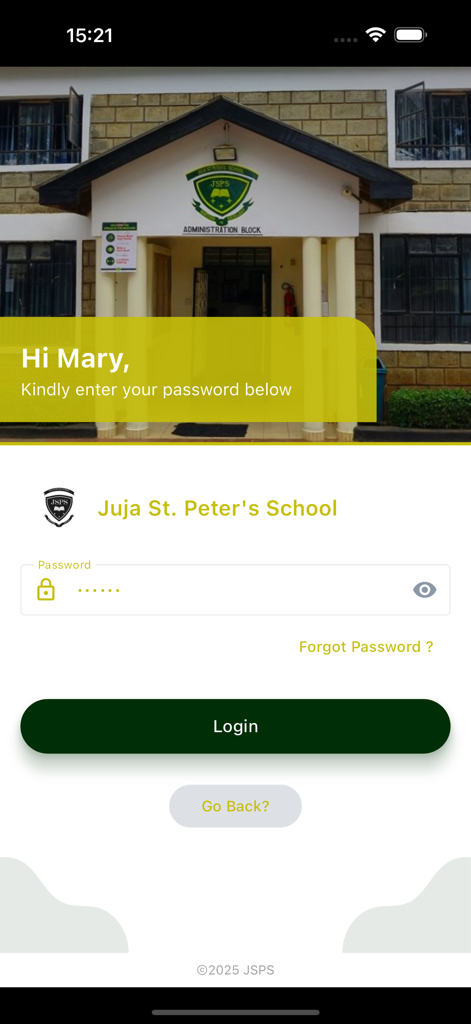 Login interface for the JSPS school management and digital learning app