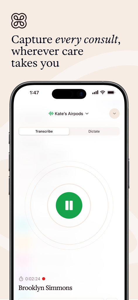 Heidi AI Medical Scribe - Heidi AI Medical Scribe mobile app interface showing a real-time clinical consultation transcription session on an iPhone.