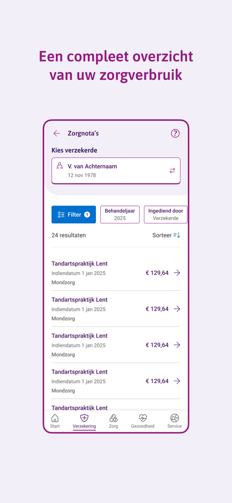 A mobile app screen from IZZ Zorgverzekering showing a list of healthcare invoices and dental care claims with prices and dates.