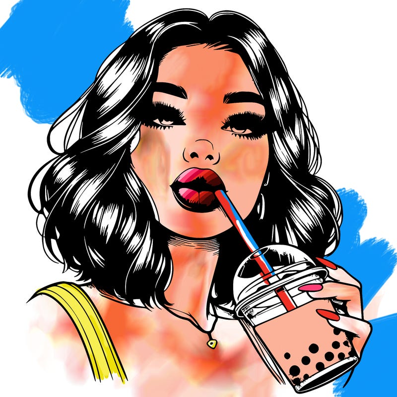 realistic girl with glossy lips holding boba